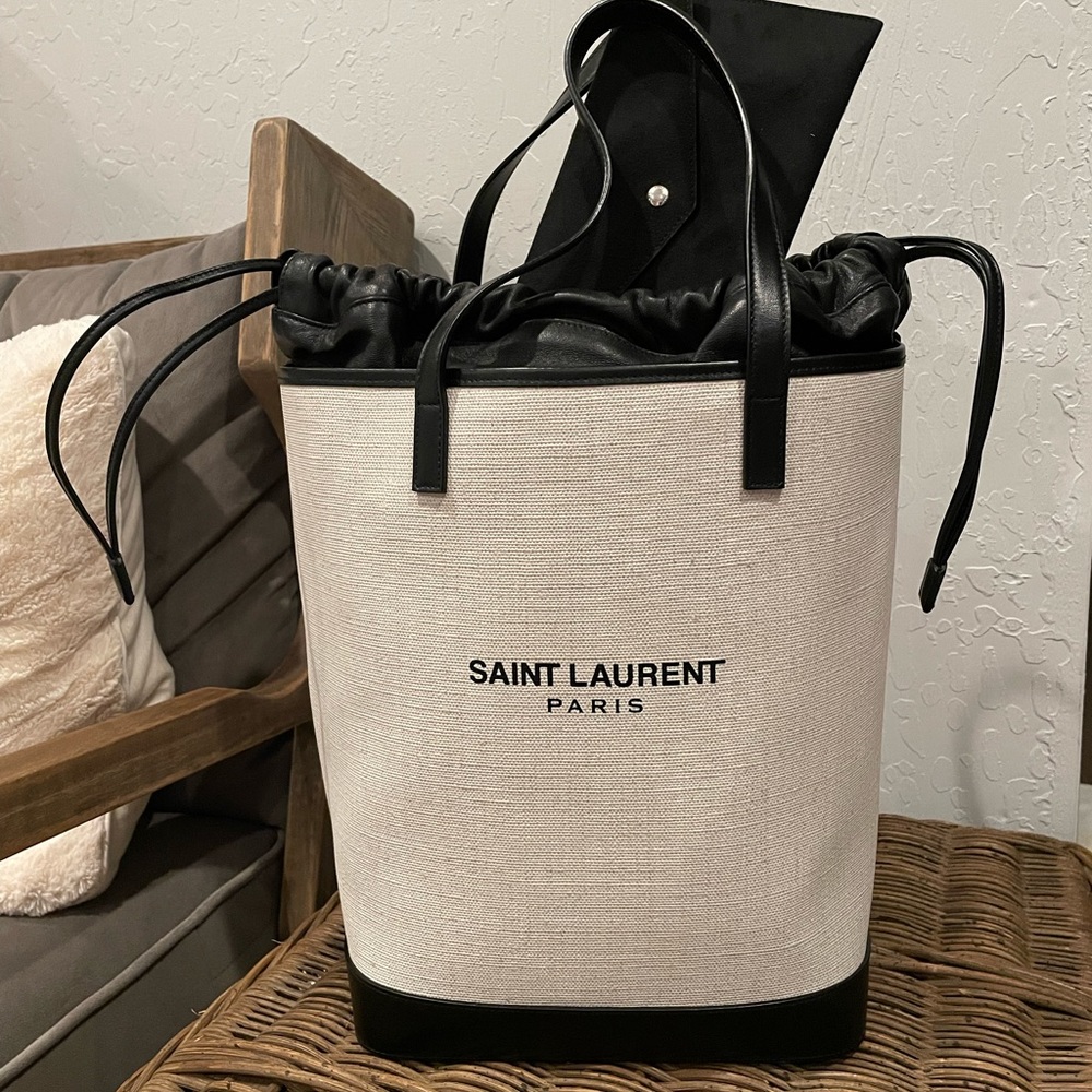 Saint Laurent Bags | Bucket Bag Teddy Canvas & Leather Tote, Grey/Black/White